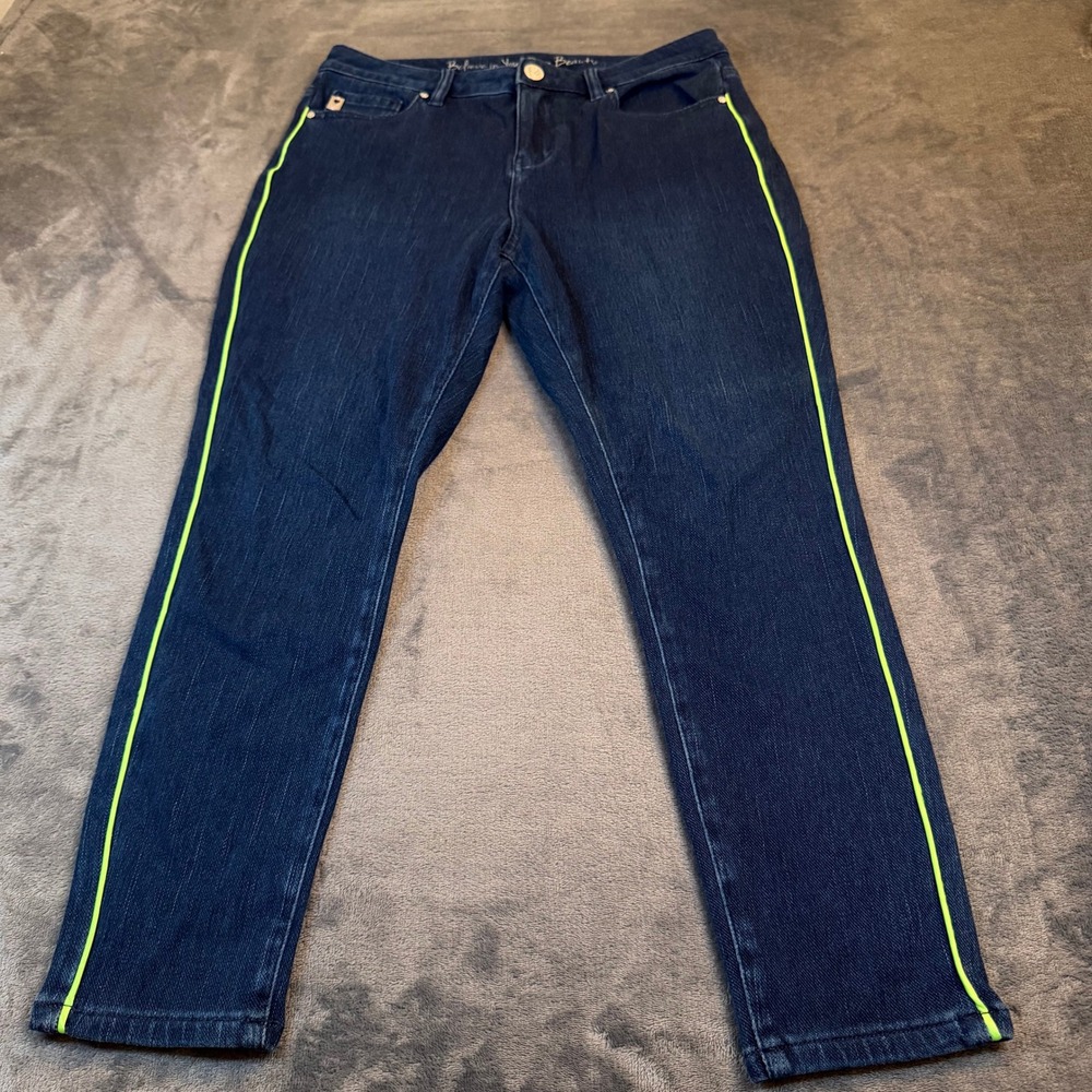 Belle by Kim Gravel Skinny Jeans Womens Size 6 Blue Neon Side Stripe Denim